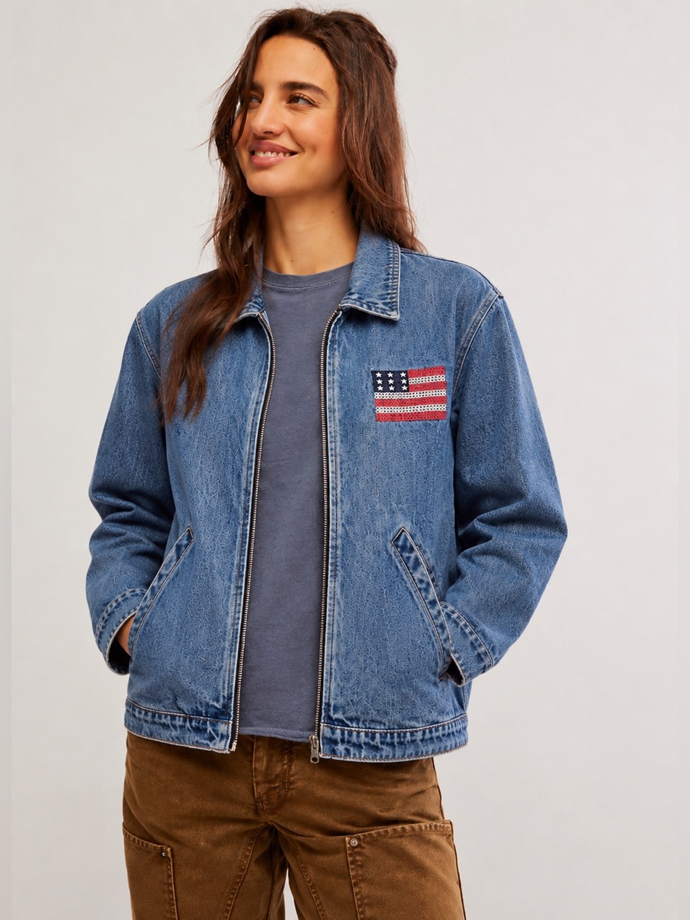 Vintage 1990s Agapo Denim Jean Jacket Coat USA Flag Embroidered America XL *J